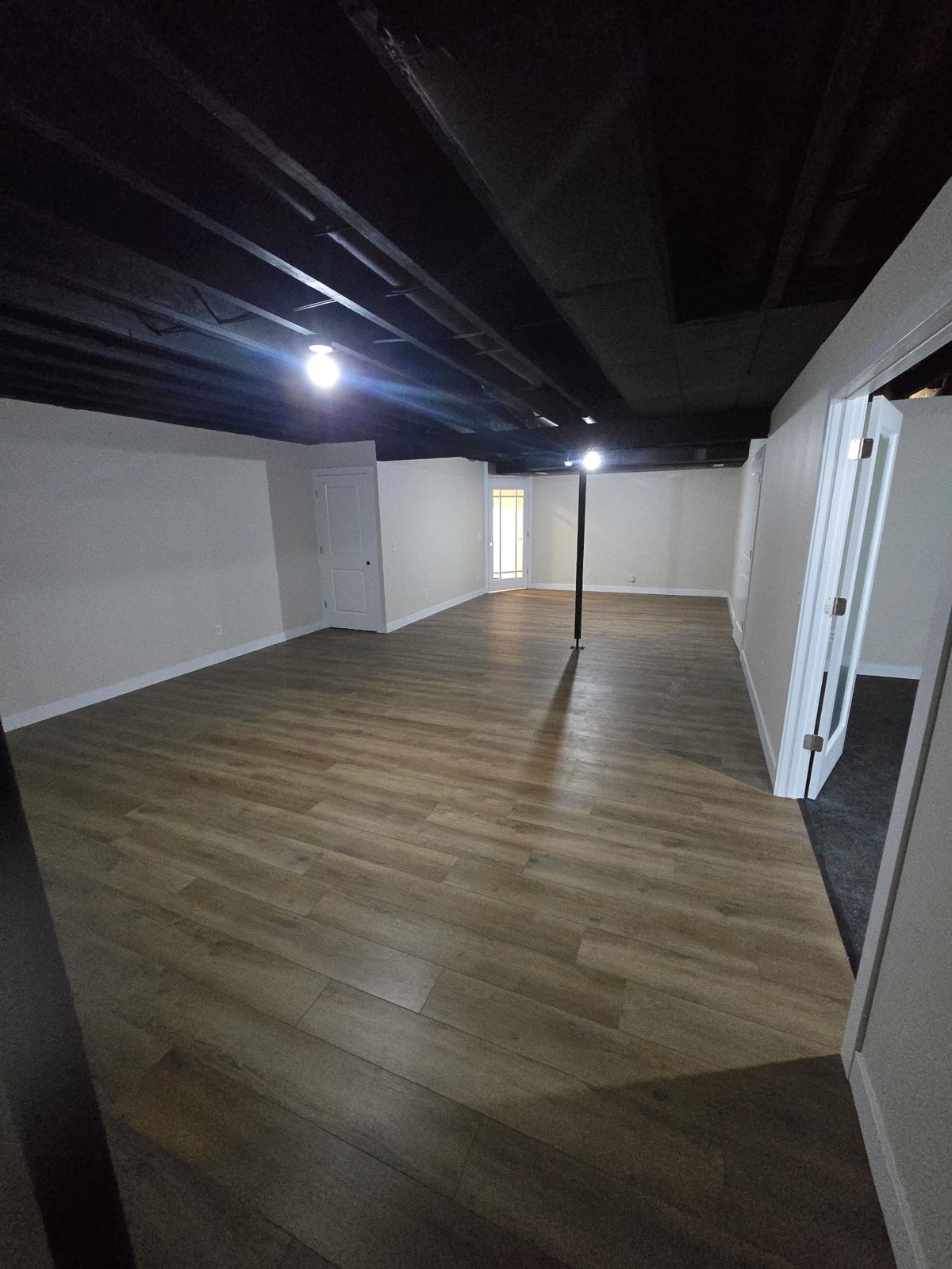 Completed basement finishing project in Plainwell, MI — rec room with glass French doors and wide-plank vinyl flooring