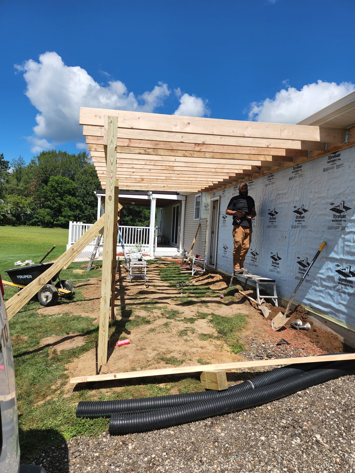 Roof rafters framed for a new attached garage in Southwest Michigan