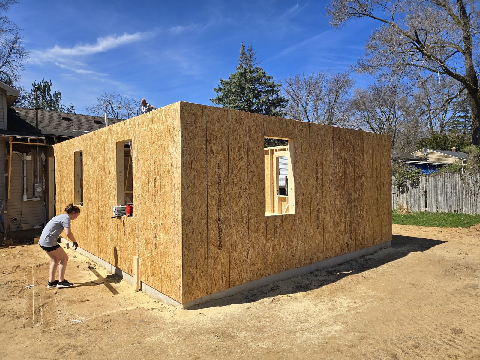 A room addition in Southwest Michigan with all exterior walls framed and sheathed